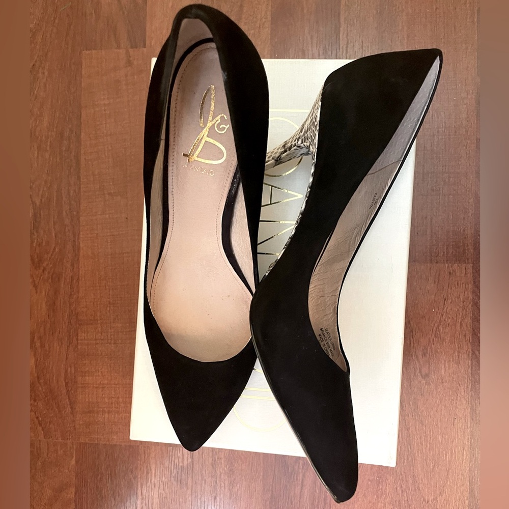 Joan and David Black Suede Pump with Snakeprint Heel